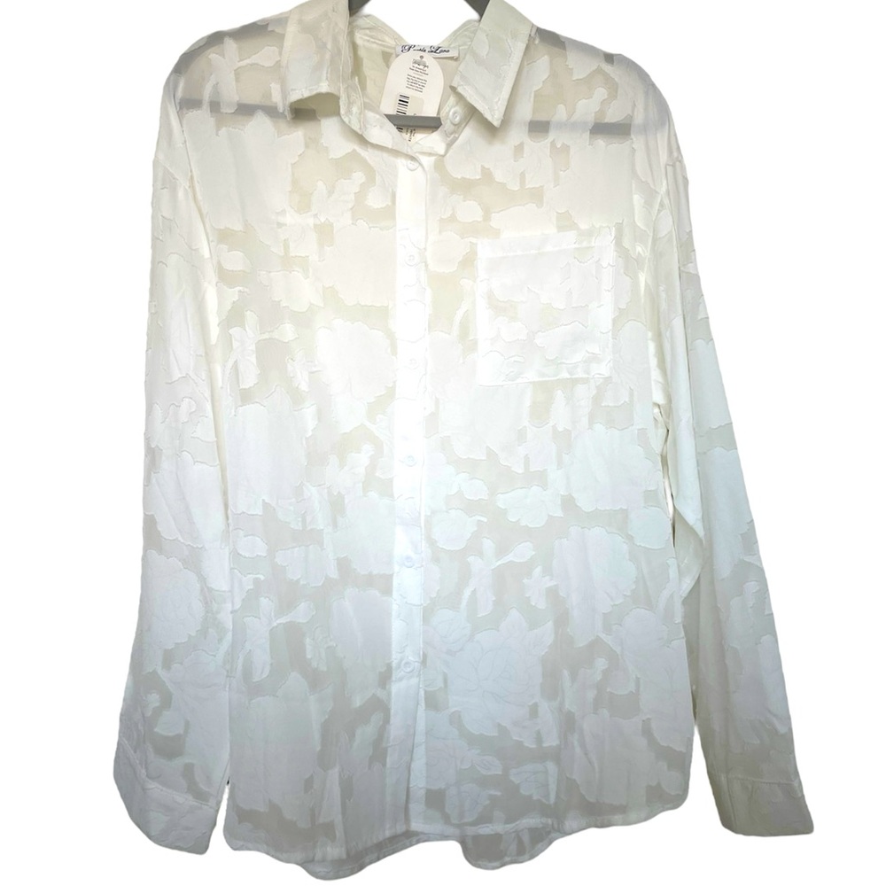 Purple Lava White Floral Sheer Button-Up Blouse